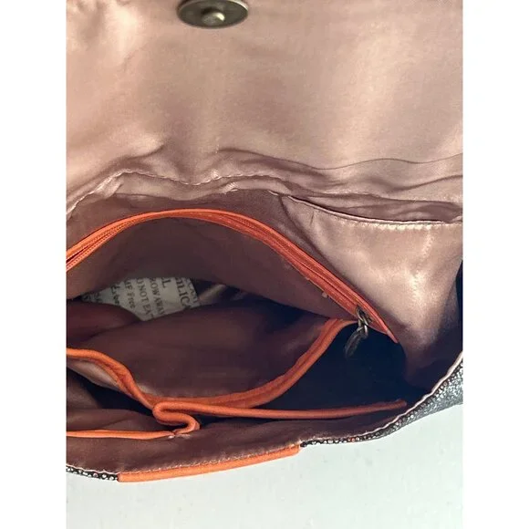 Malini Murjani Exotic Collection Leather Trim Metallic Orange Black Shoulder Bag - Picture 7 of 12